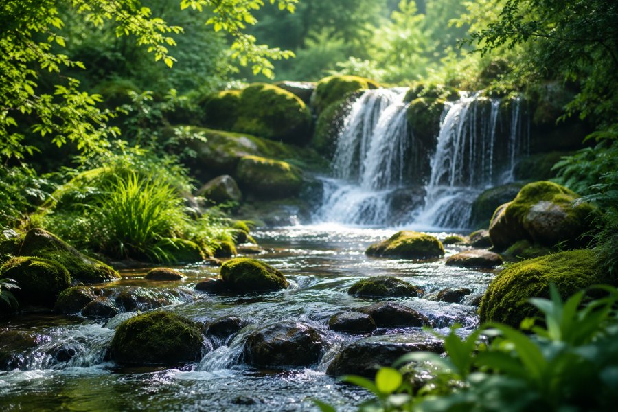 A clear forest stream flowing over moss-covered stones